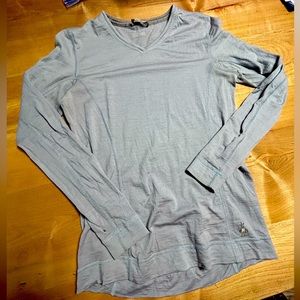 Smartwool baselayer shirt, size S. Light blue. Some holes on sleeves